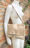 BOHO suede + leather messenger bag in light BEIGE. Cross body bag in BEIGE suede. Soft genuine leather messenger bag. Beige leather purse