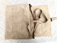 BOHO suede + leather messenger bag in light BEIGE. Cross body bag in BEIGE suede. Soft genuine leather messenger bag. Beige leather purse