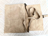 BOHO suede + leather messenger bag in light BEIGE. Cross body bag in BEIGE suede. Soft genuine leather messenger bag. Beige leather purse
