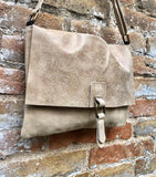 BOHO suede + leather messenger bag in light BEIGE. Cross body bag in BEIGE suede. Soft genuine leather messenger bag. Beige leather purse