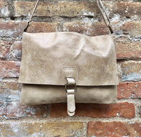 BOHO suede + leather messenger bag in light BEIGE. Cross body bag in BEIGE suede. Soft genuine leather messenger bag. Beige leather purse