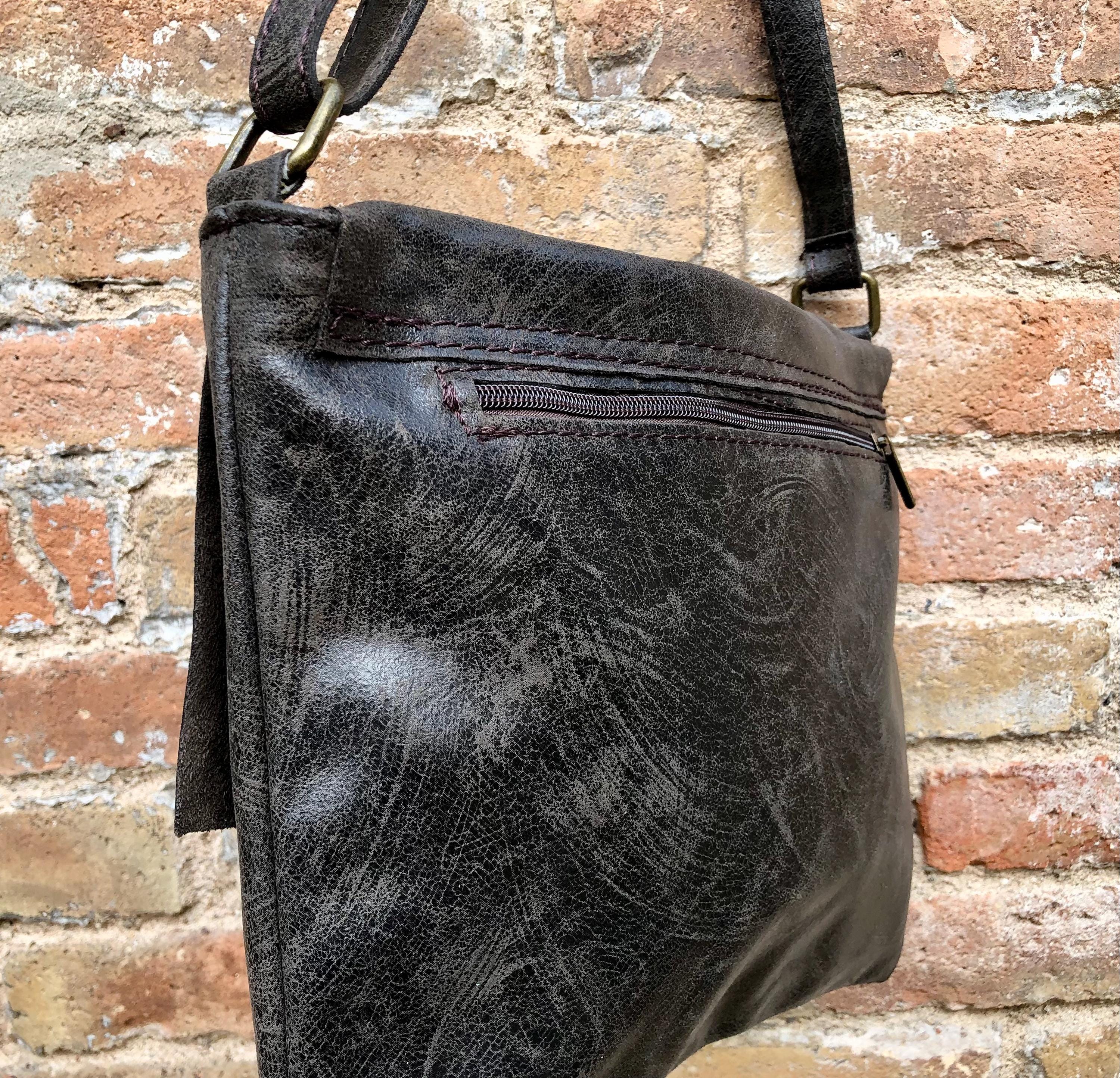 Dark brown leather messenger bag. Crossbody / shoulder bag with flap + zipper. Soft genuine leather messenger bag. Brown leather purse