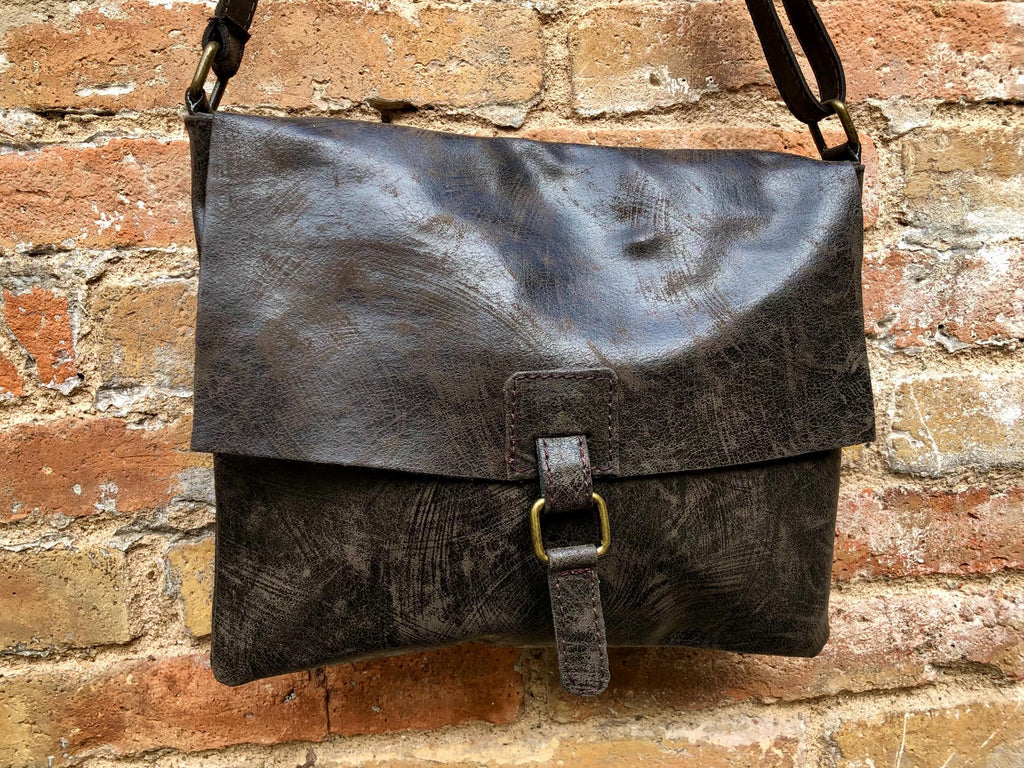 Dark brown leather messenger bag. Crossbody / shoulder bag with flap + zipper. Soft genuine leather messenger bag. Brown leather purse