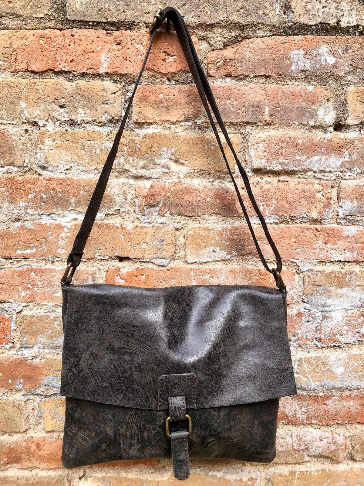 Dark brown leather messenger bag. Crossbody / shoulder bag with flap + zipper. Soft genuine leather messenger bag. Brown leather purse