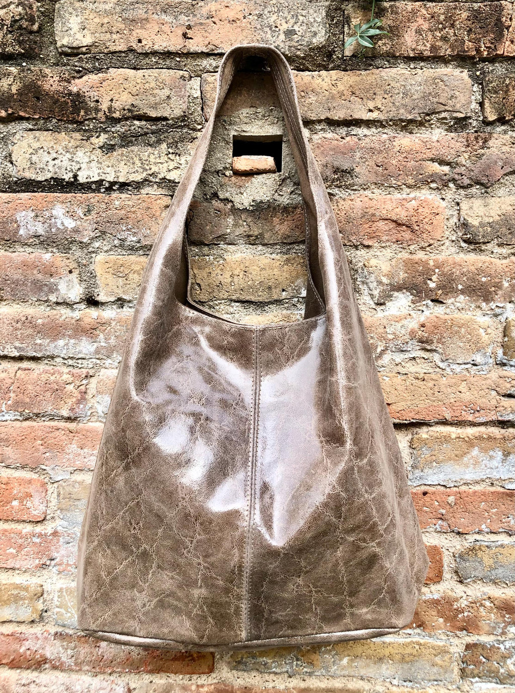 Slouch bag. Large TOTE leather bag in taupe glossy genuine leather. Light brown leather bag. Brown shopper with wide strap.Tan leather purse