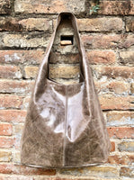 Slouch bag. Large TOTE leather bag in taupe glossy genuine leather. Light brown leather bag. Brown shopper with wide strap.Tan leather purse