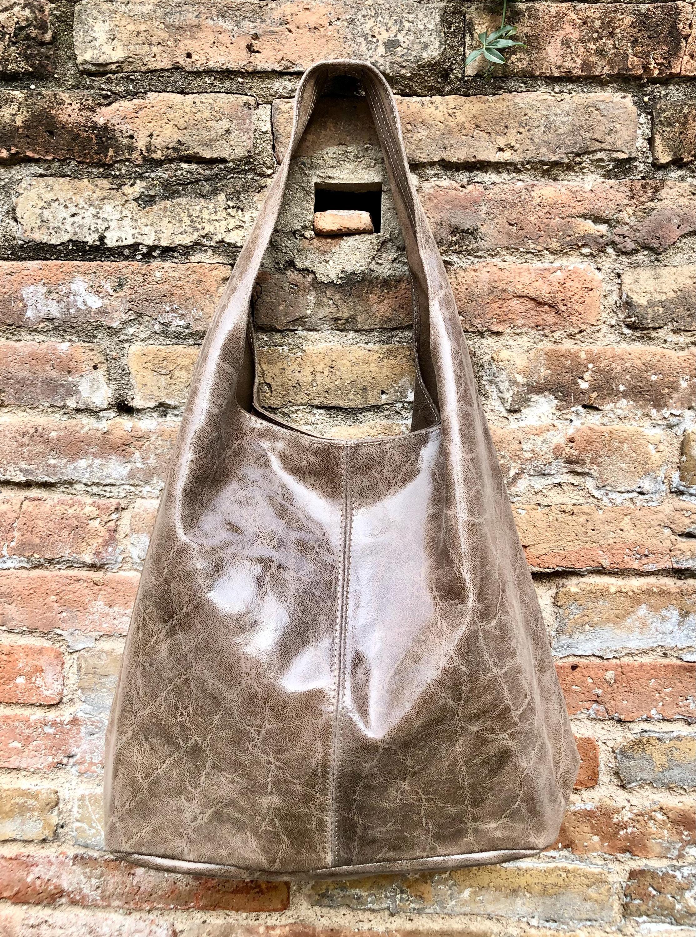 Slouch bag. Large TOTE leather bag in taupe glossy genuine leather. Light brown leather bag. Brown shopper with wide strap.Tan leather purse