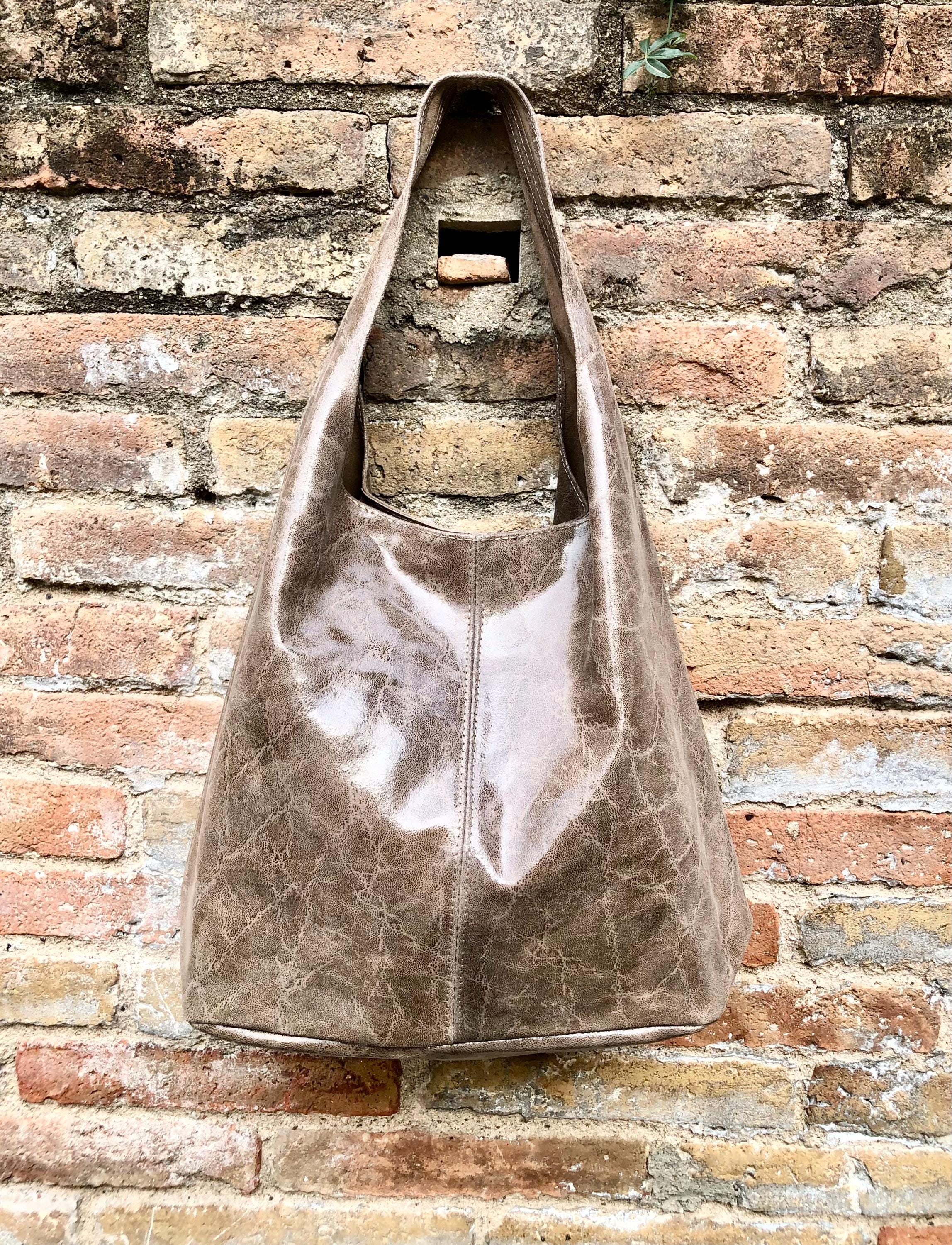 Slouch bag. Large TOTE leather bag in taupe glossy genuine leather. Light brown leather bag. Brown shopper with wide strap.Tan leather purse