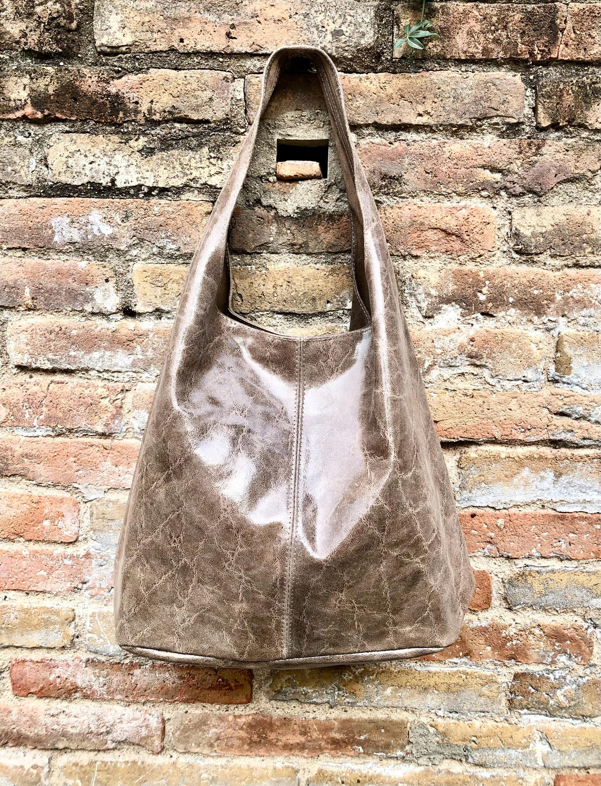 Slouch bag. Large TOTE leather bag in taupe glossy genuine leather. Light brown leather bag. Brown shopper with wide strap.Tan leather purse