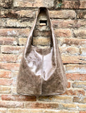 Slouch bag. Large TOTE leather bag in taupe glossy genuine leather. Light brown leather bag. Brown shopper with wide strap.Tan leather purse