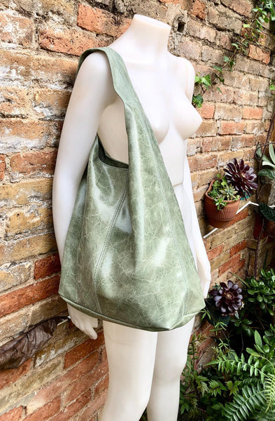 Green slouch tote leather bag in glossy genuine leather.Sage green leather bag. Shopper bag with wide strap. Light olive green leather purse