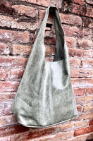 Green slouch tote leather bag in glossy genuine leather.Sage green leather bag. Shopper bag with wide strap. Light olive green leather purse