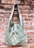 Green slouch tote leather bag in glossy genuine leather.Sage green leather bag. Shopper bag with wide strap. Light olive green leather purse