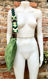 GREEN suede messenger bag: 1 GUITAR strap + 1 suede strap. Soft genuine leather crossbody / shoulder bag. Green purse with embroidered strap