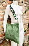GREEN suede messenger bag: 1 GUITAR strap + 1 suede strap. Soft genuine leather crossbody / shoulder bag. Green purse with embroidered strap