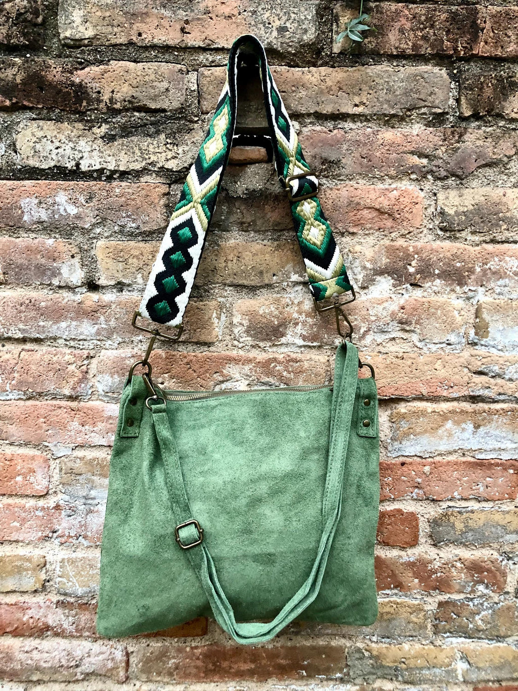 GREEN suede messenger bag: 1 GUITAR strap + 1 suede strap. Soft genuine leather crossbody / shoulder bag. Green purse with embroidered strap