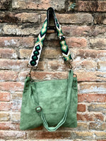 GREEN suede messenger bag: 1 GUITAR strap + 1 suede strap. Soft genuine leather crossbody / shoulder bag. Green purse with embroidered strap