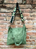 GREEN suede messenger bag: 1 GUITAR strap + 1 suede strap. Soft genuine leather crossbody / shoulder bag. Green purse with embroidered strap