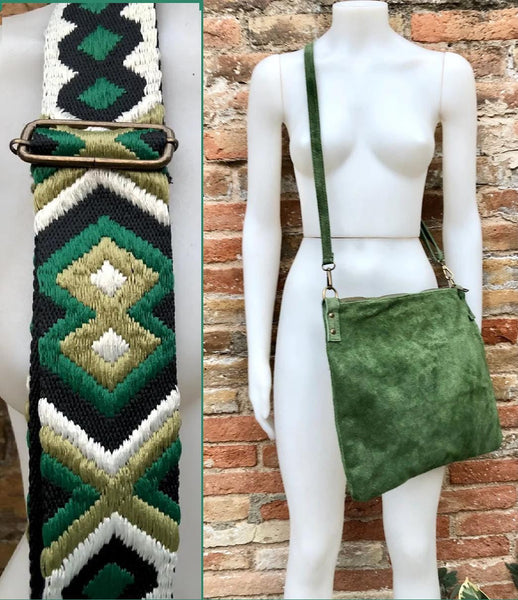 GREEN suede messenger bag: 1 GUITAR strap + 1 suede strap. Soft genuine leather crossbody / shoulder bag. Green purse with embroidered strap