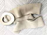 Cream white suede waist belt with large metal buckle in gold. Soft suede belt in very light beige. Boho cream dress belt with golden buckle.