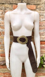 Dark brown suede waist belt with large metal buckle.Soft suede belt in light chocolate brown. Brown boho belt.Genuine natural suede leather.