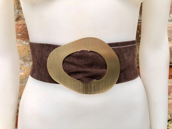 Dark brown suede waist belt with large metal buckle.Soft suede belt in light chocolate brown. Brown boho belt.Genuine natural suede leather.