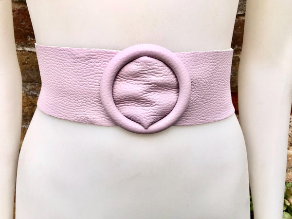 Light PURPLE leather waist belt with large round buckle. Soft leather belt. Genuine leather mauve dress belt. Wide lavender waist belt