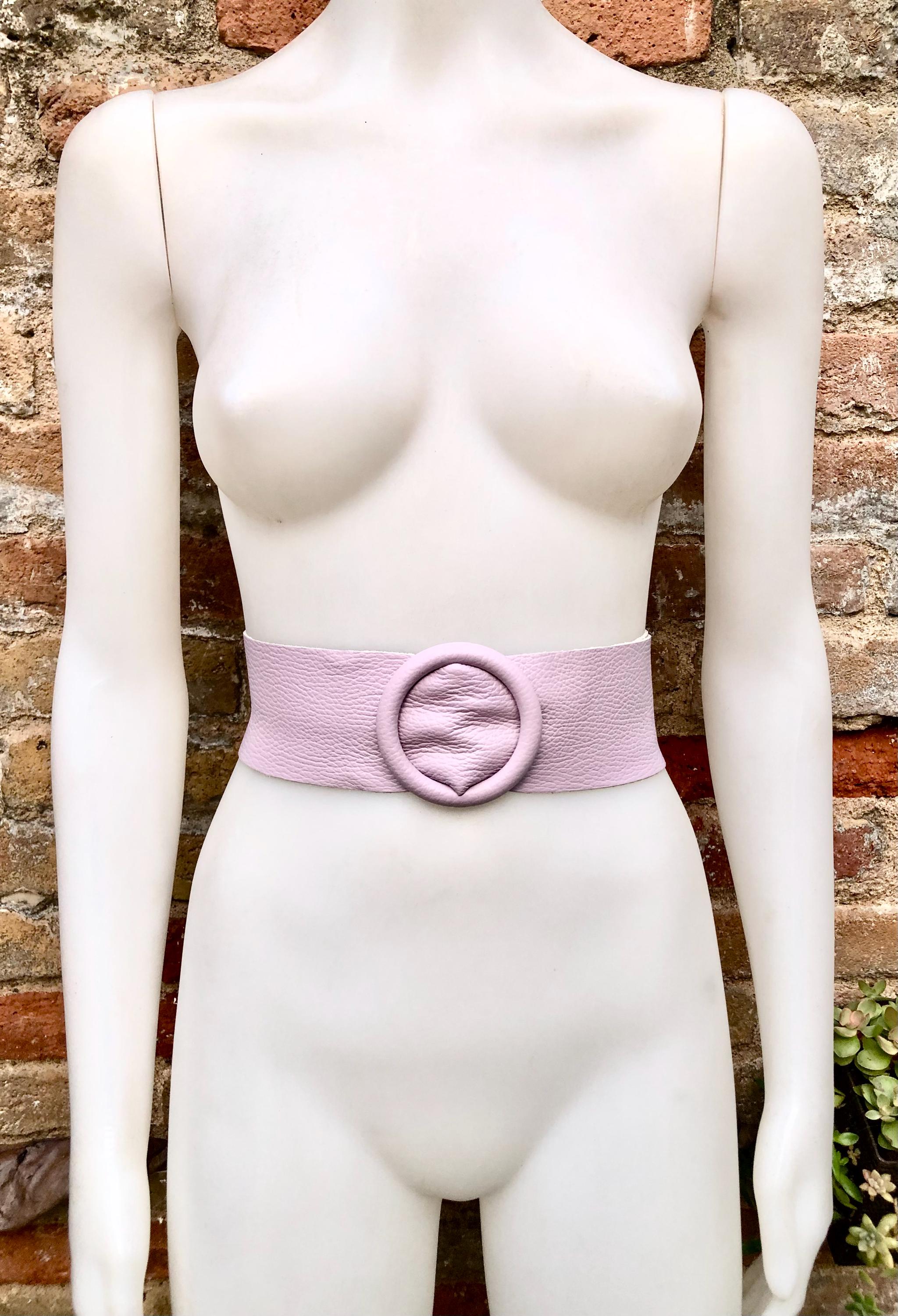 Light PURPLE leather waist belt with large round buckle. Soft leather belt. Genuine leather mauve dress belt. Wide lavender waist belt