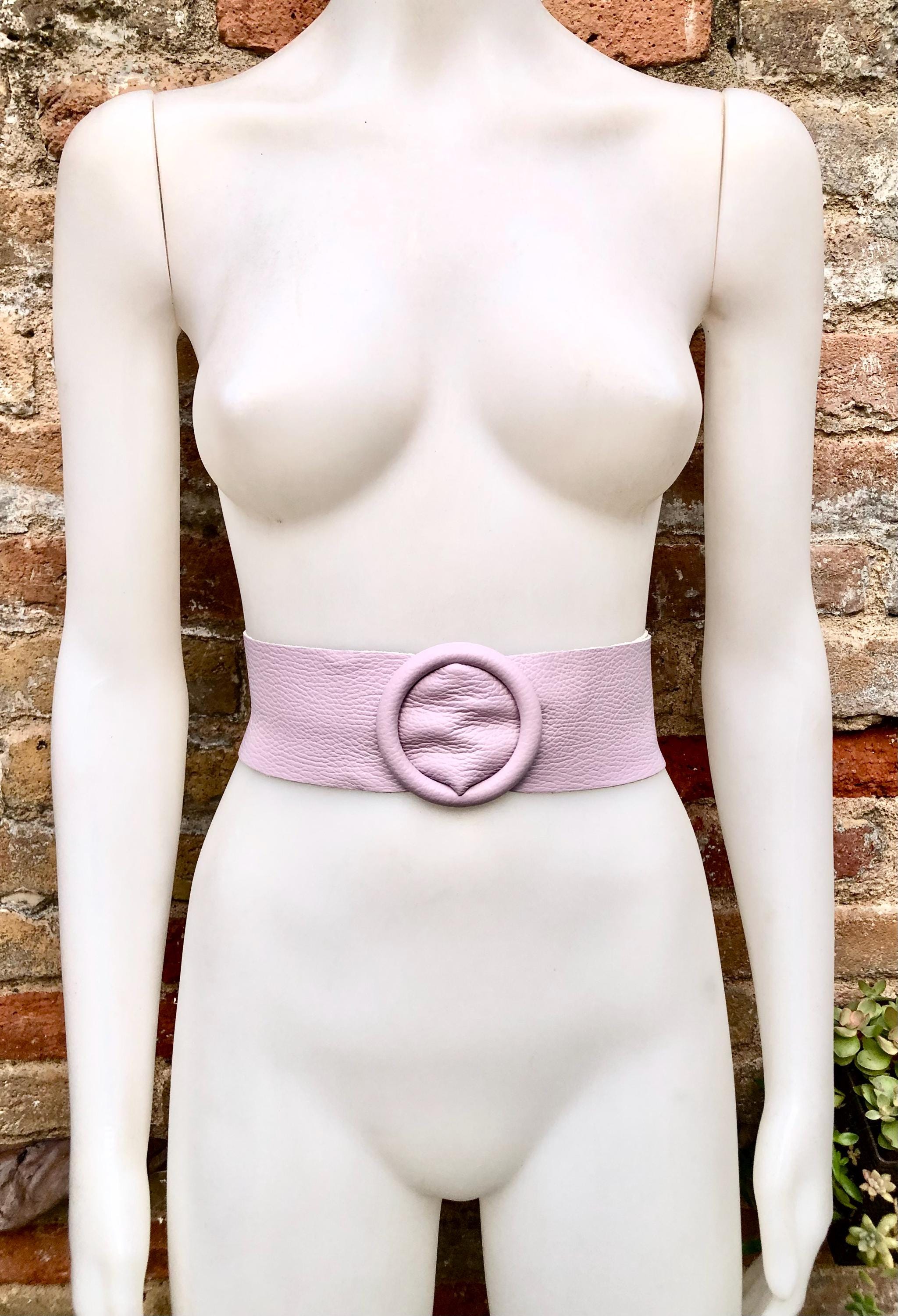Light PURPLE leather waist belt with large round buckle. Soft leather belt. Genuine leather mauve dress belt. Wide lavender waist belt