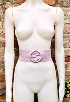 Light PURPLE leather waist belt with large round buckle. Soft leather belt. Genuine leather mauve dress belt. Wide lavender waist belt