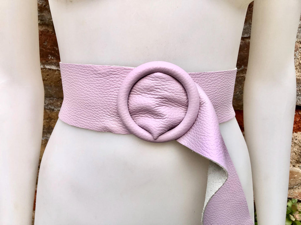 Light PURPLE leather waist belt with large round buckle. Soft leather belt. Genuine leather mauve dress belt. Wide lavender waist belt
