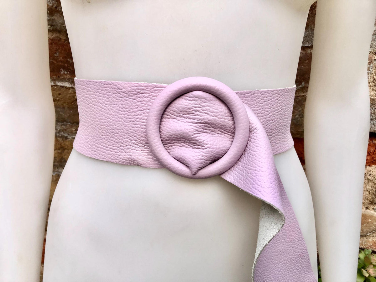 Light PURPLE leather waist belt with large round buckle. Soft leather belt. Genuine leather mauve dress belt. Wide lavender waist belt