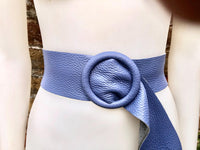 PURPLE leather waist belt with large round buckle. Soft leather belt. Genuine leather dress belt. Wide lilac waist belt