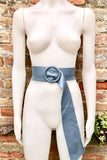Denim blue leather waist belt with large round buckle. Soft leather belt in blue-gray.Genuine leather blue dress belt. Wide blue waist belt