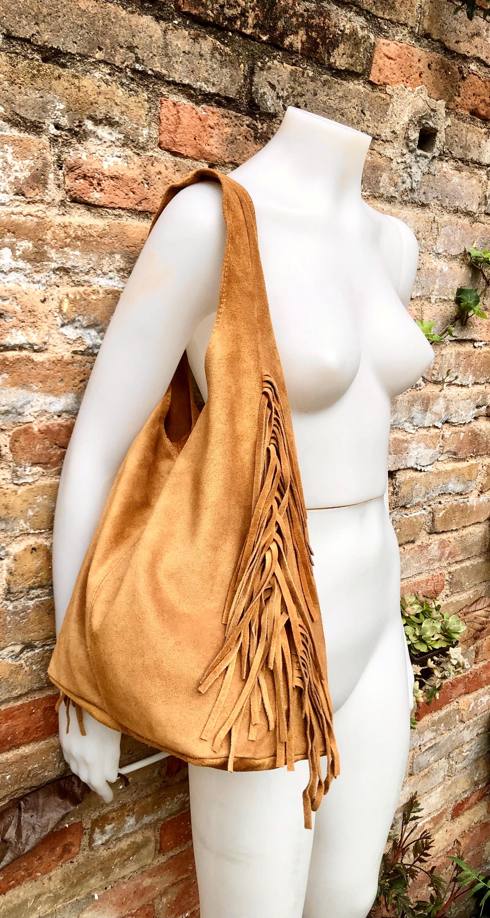 CAMEL brown slouchy bag.Large tote leather bag with zipper + FRINGES. Genuine leather bag. Rusty tan laptop bags. Large shopper leather bag.