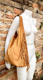 CAMEL brown slouchy bag.Large tote leather bag with zipper + FRINGES. Genuine leather bag. Rusty tan laptop bags. Large shopper leather bag.