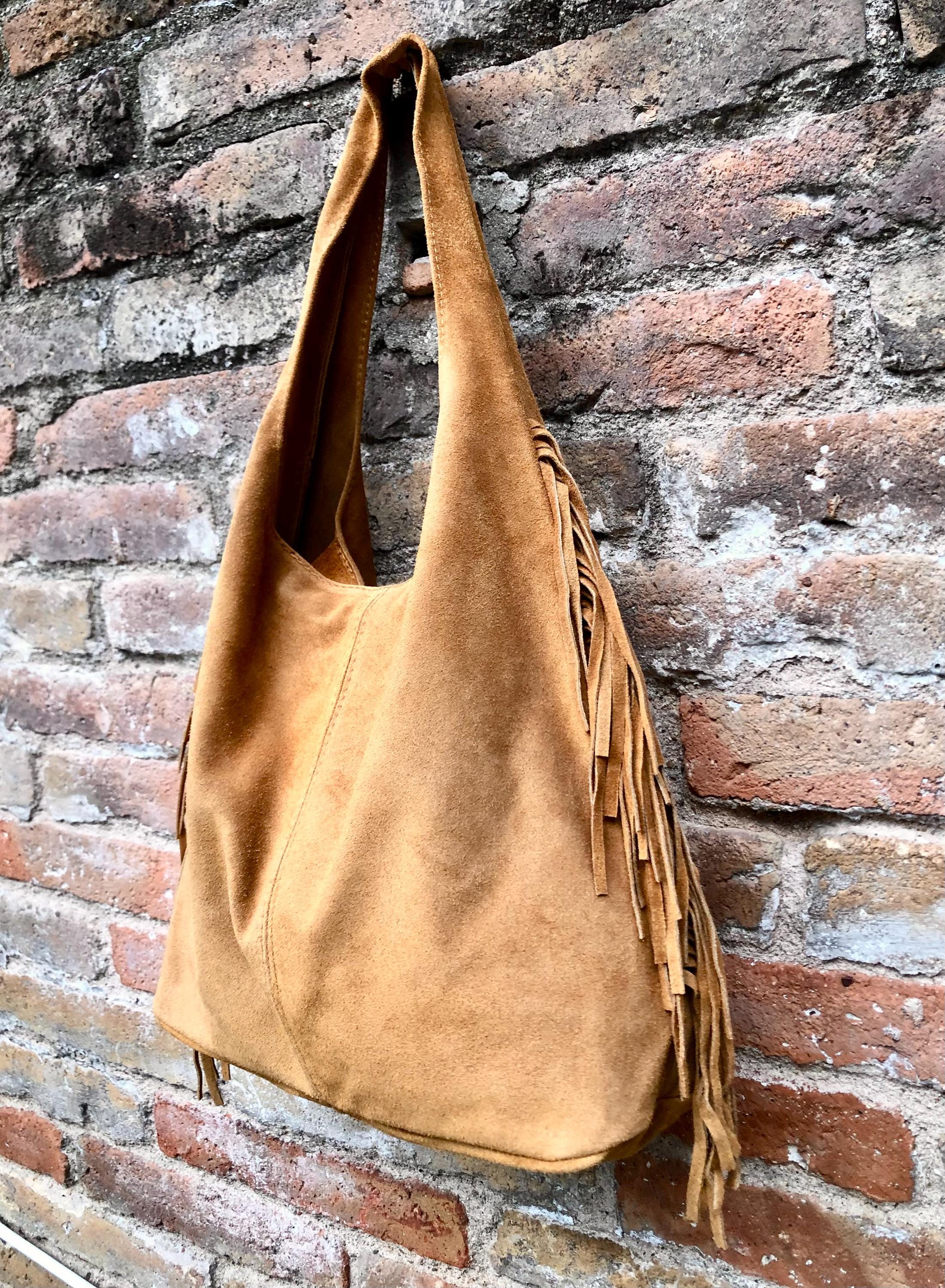 CAMEL brown slouchy bag.Large tote leather bag with zipper + FRINGES. Genuine leather bag. Rusty tan laptop bags. Large shopper leather bag.
