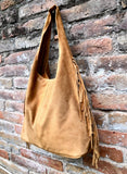 CAMEL brown slouchy bag.Large tote leather bag with zipper + FRINGES. Genuine leather bag. Rusty tan laptop bags. Large shopper leather bag.