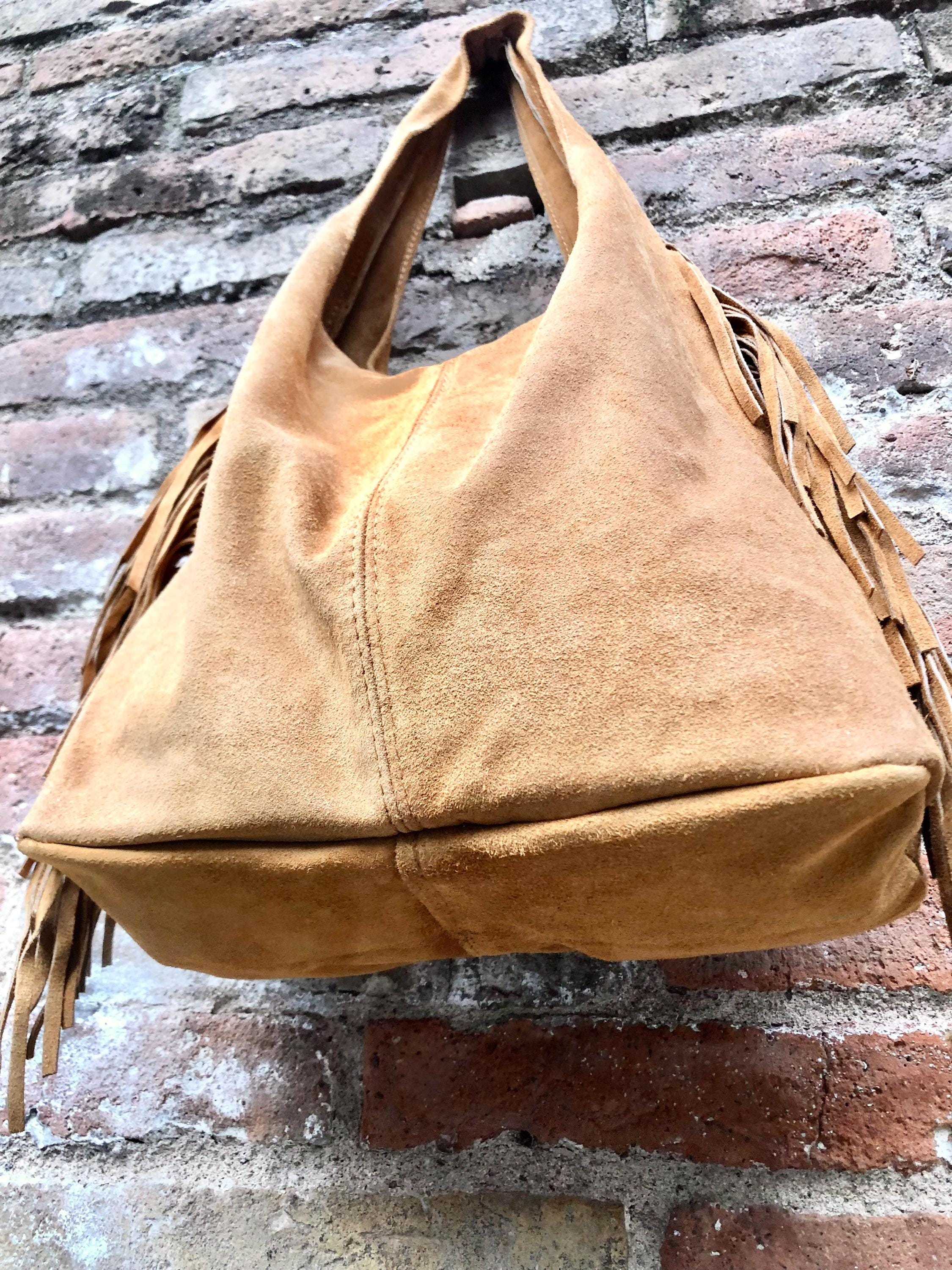 CAMEL brown slouchy bag.Large tote leather bag with zipper + FRINGES. Genuine leather bag. Rusty tan laptop bags. Large shopper leather bag.