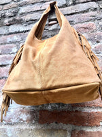 CAMEL brown slouchy bag.Large tote leather bag with zipper + FRINGES. Genuine leather bag. Rusty tan laptop bags. Large shopper leather bag.