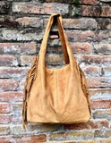 CAMEL brown slouchy bag.Large tote leather bag with zipper + FRINGES. Genuine leather bag. Rusty tan laptop bags. Large shopper leather bag.