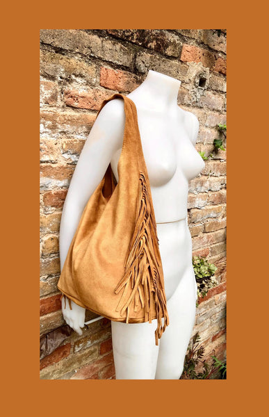 CAMEL brown slouchy bag.Large tote leather bag with zipper + FRINGES. Genuine leather bag. Rusty tan laptop bags. Large shopper leather bag.