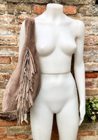 Taupe brown slouchy bag. Large tote leather bag with zipper + FRINGES. Genuine leather bag. Greyge laptop bags. Large shopper leather bag.