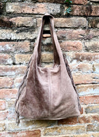Taupe brown slouchy bag. Large tote leather bag with zipper + FRINGES. Genuine leather bag. Greyge laptop bags. Large shopper leather bag.