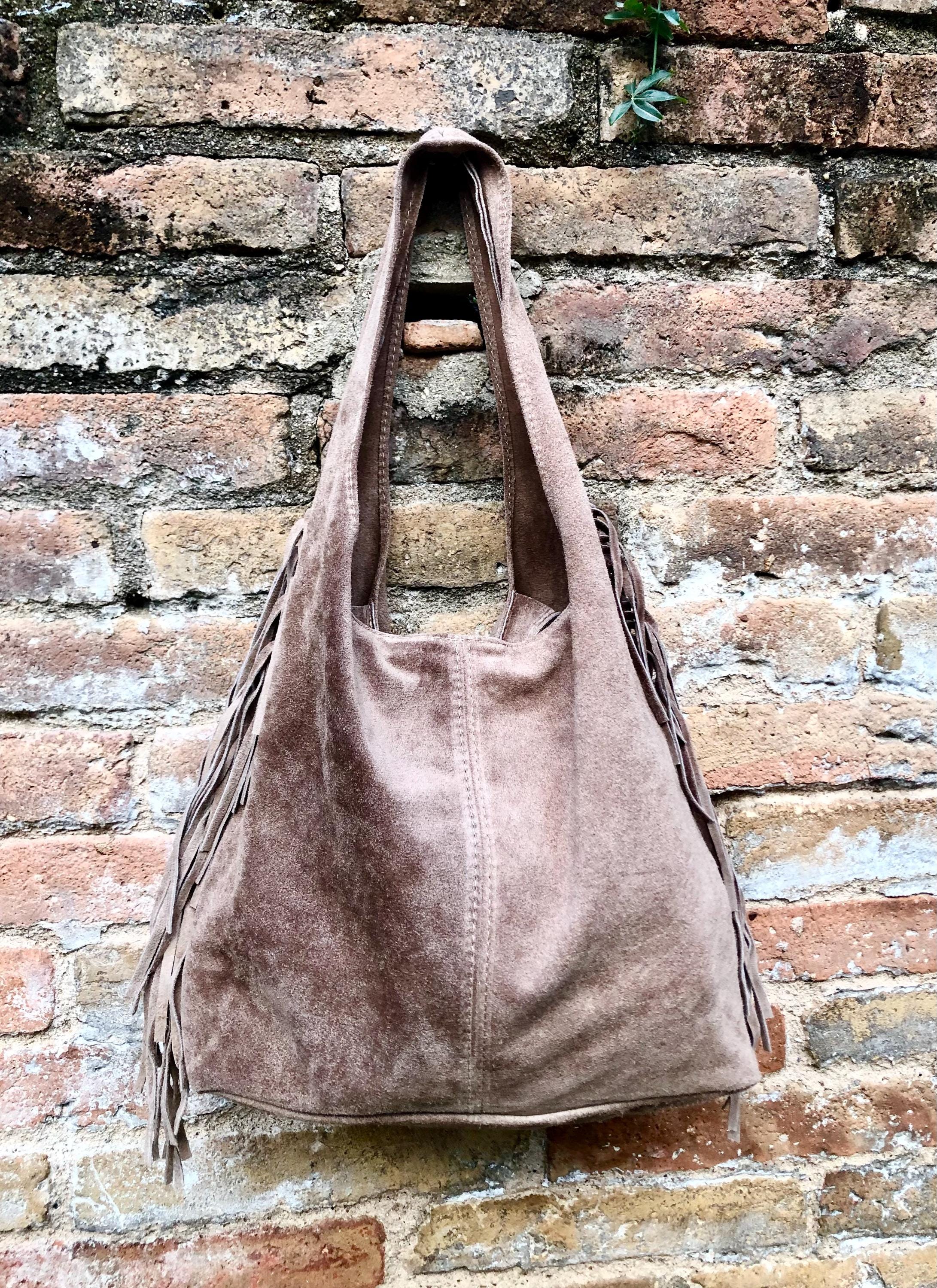 Taupe brown slouchy bag. Large tote leather bag with zipper + FRINGES. Genuine leather bag. Greyge laptop bags. Large shopper leather bag.