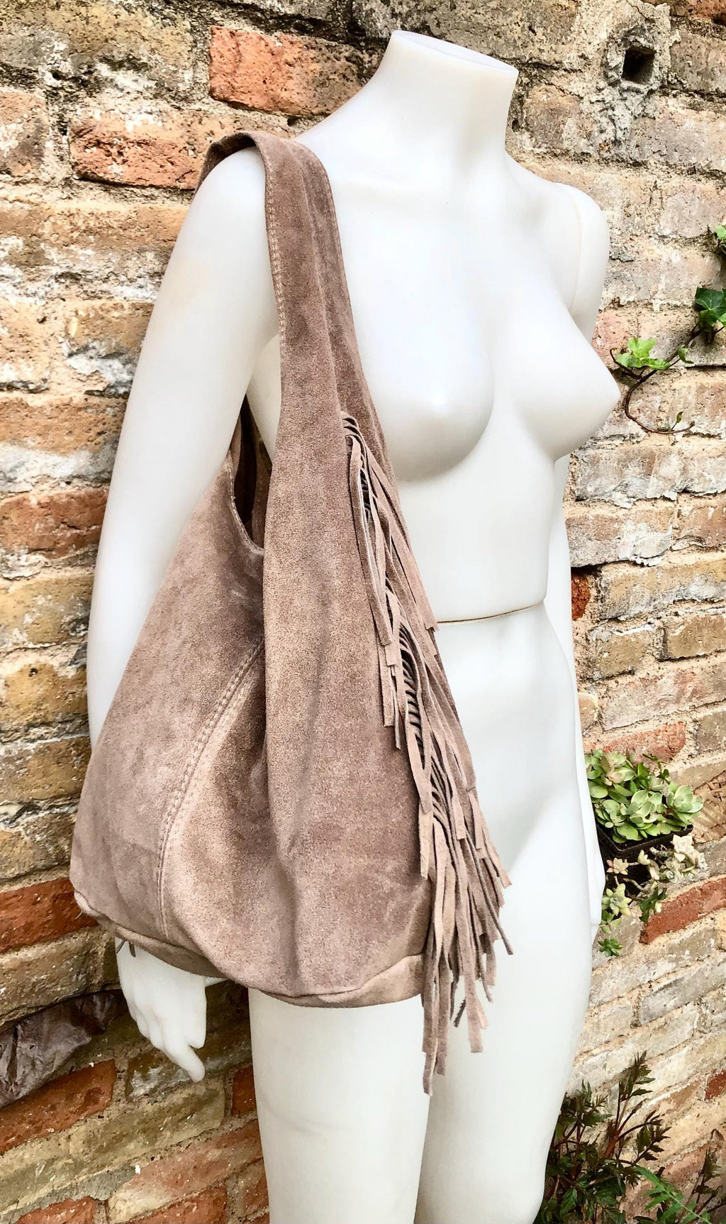 Taupe brown slouchy bag. Large tote leather bag with zipper + FRINGES. Genuine leather bag. Greyge laptop bags. Large shopper leather bag.