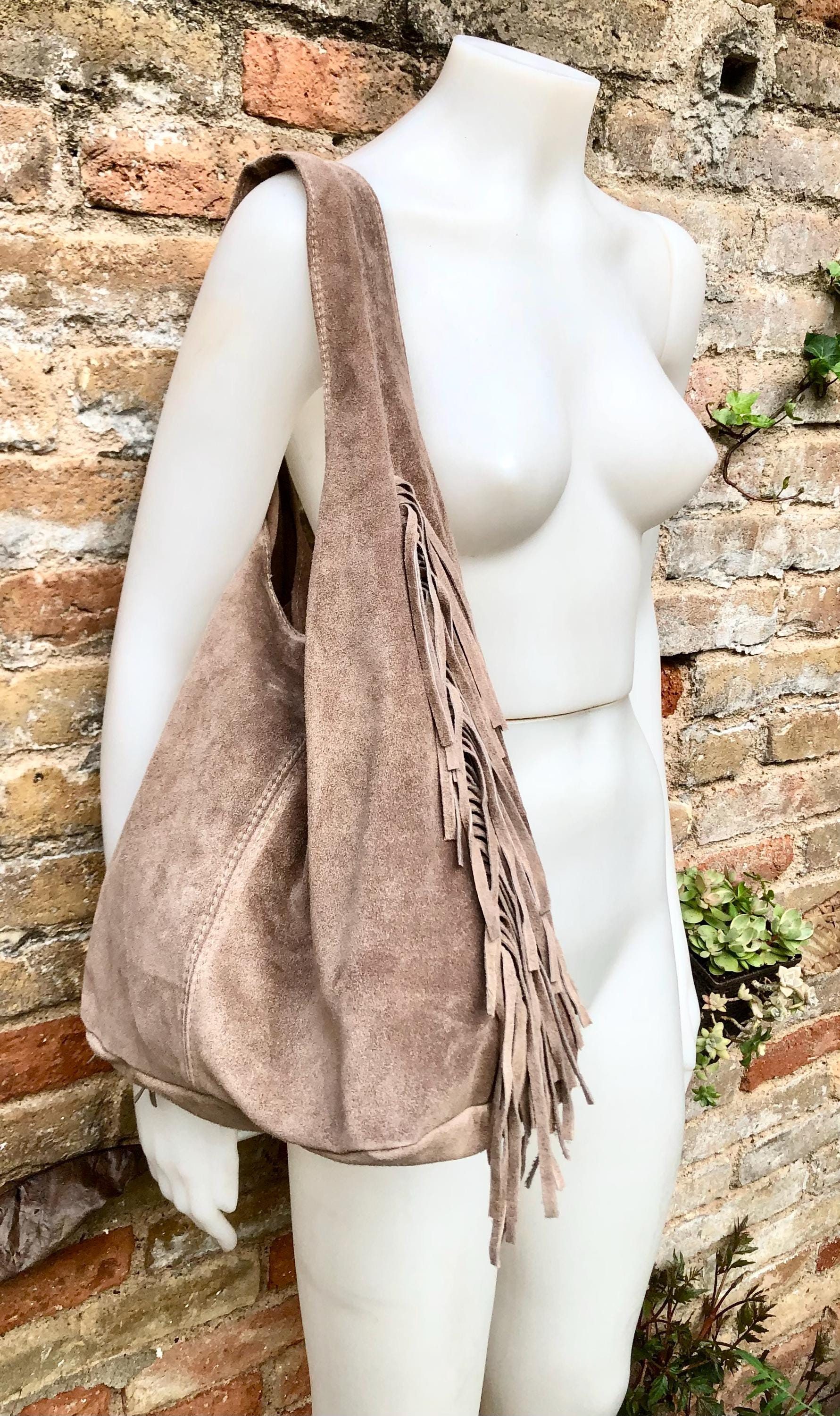 Taupe brown slouchy bag. Large tote leather bag with zipper + FRINGES. Genuine leather bag. Greyge laptop bags. Large shopper leather bag.