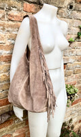 Taupe brown slouchy bag. Large tote leather bag with zipper + FRINGES. Genuine leather bag. Greyge laptop bags. Large shopper leather bag.