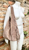 Taupe brown slouchy bag. Large tote leather bag with zipper + FRINGES. Genuine leather bag. Greyge laptop bags. Large shopper leather bag.