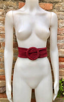 Burgundy suede waist belt with large round buckle. Boho soft suede belt in wine red. Genuine suede leather. Boho dark red suede belt